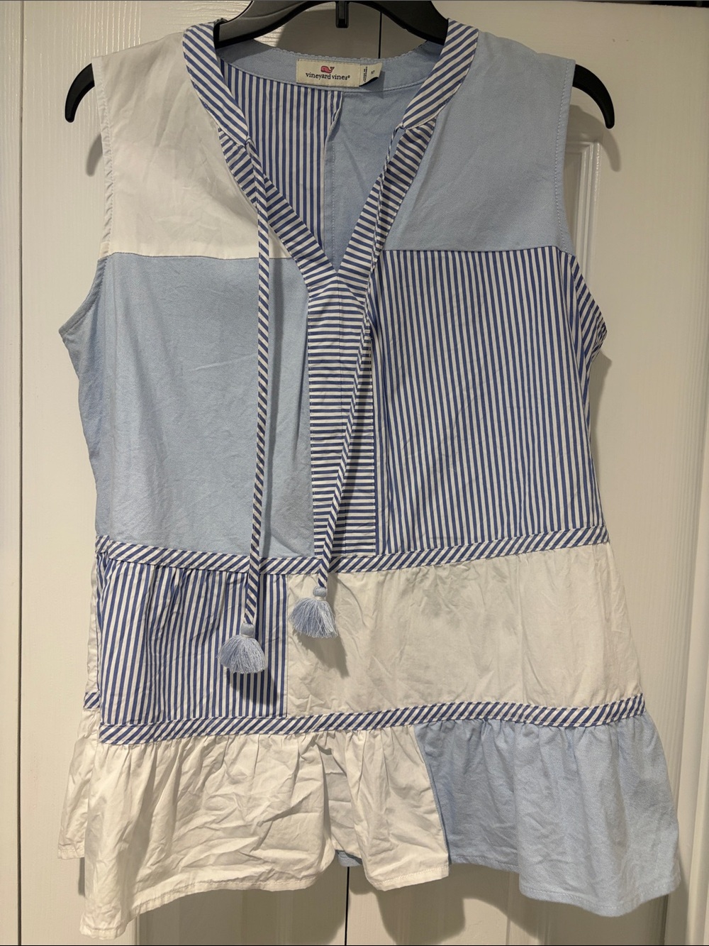 Vineyard Vines Light Blue & White Patchwork Tassel Tank